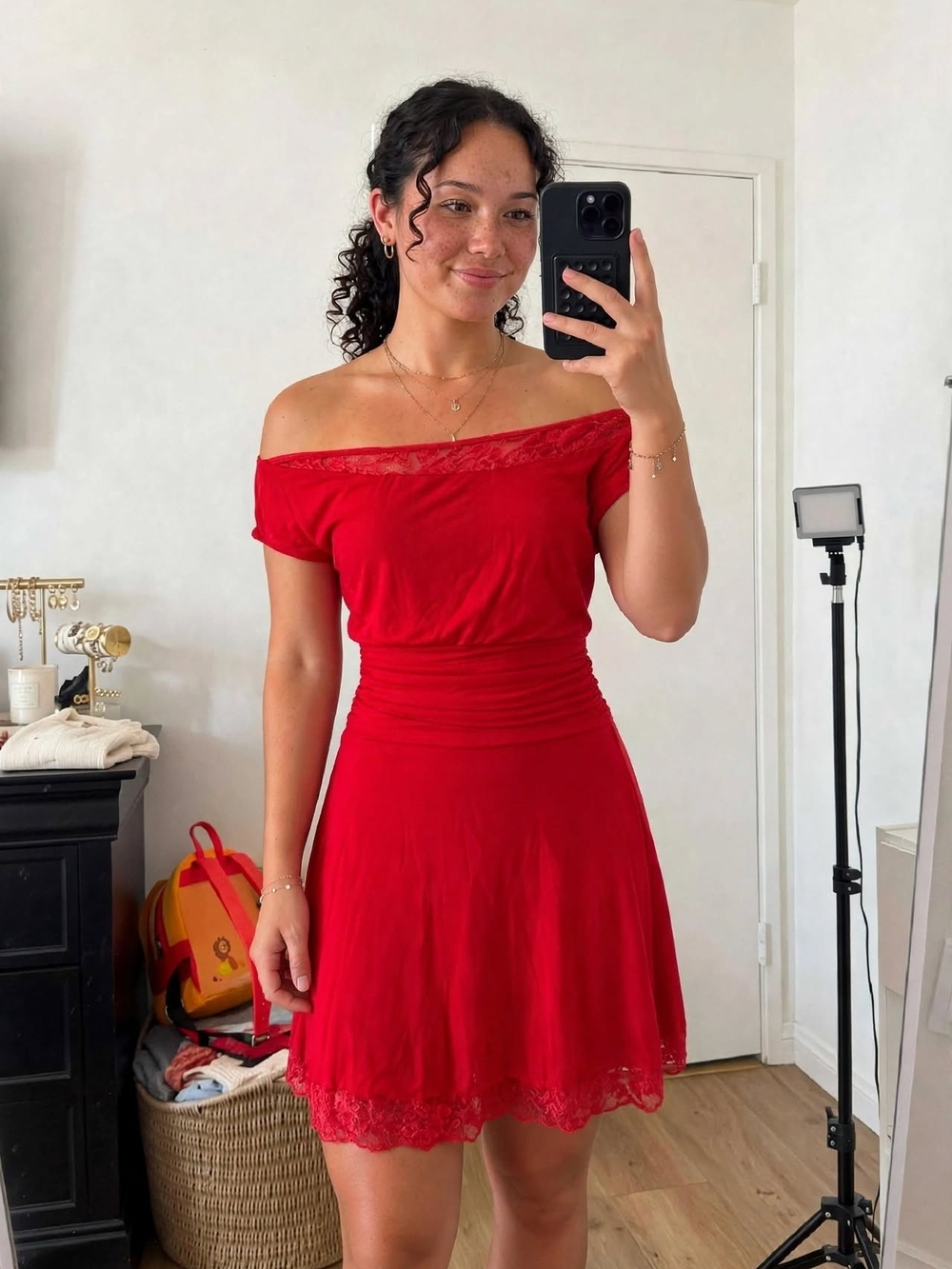 Red One-Shoulder Lace Trim Dress - Unbranded